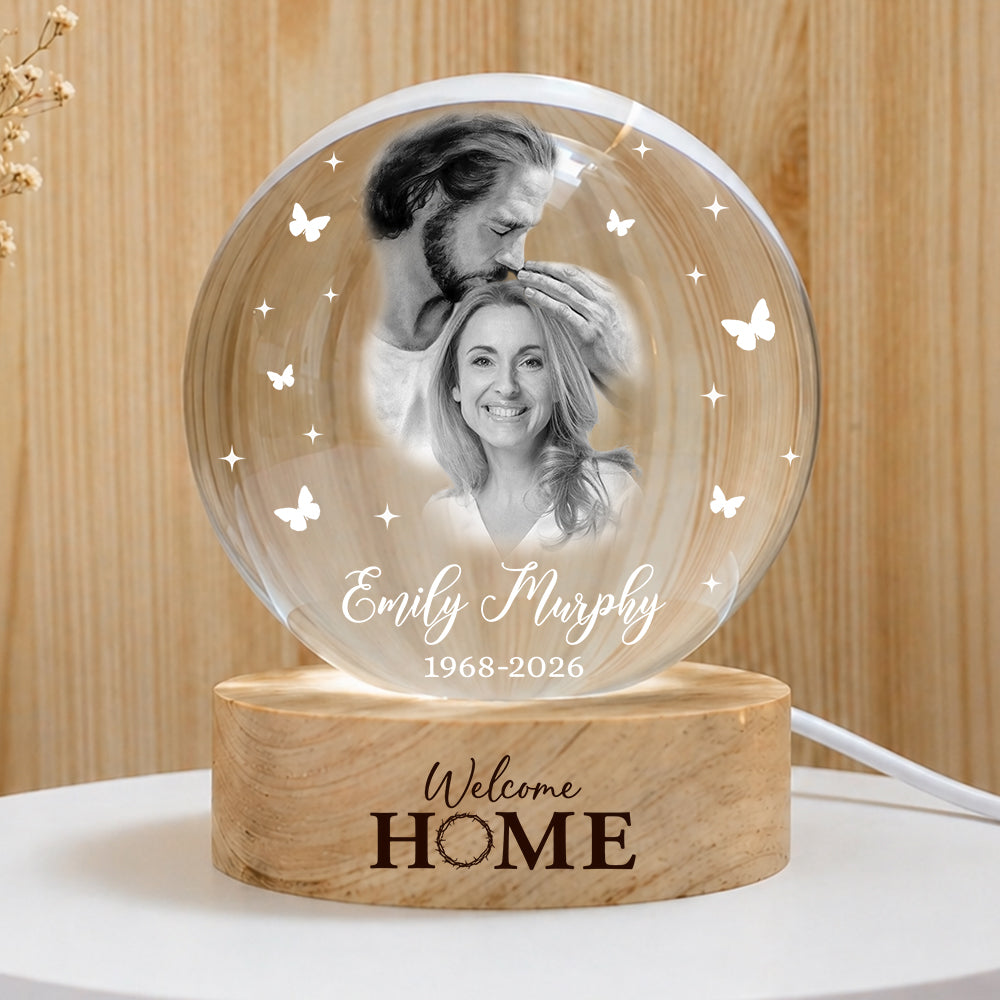 Personalized Photo Memorial Welcome Home Safe in Arms of Jesus Crystal Ball Night Light
