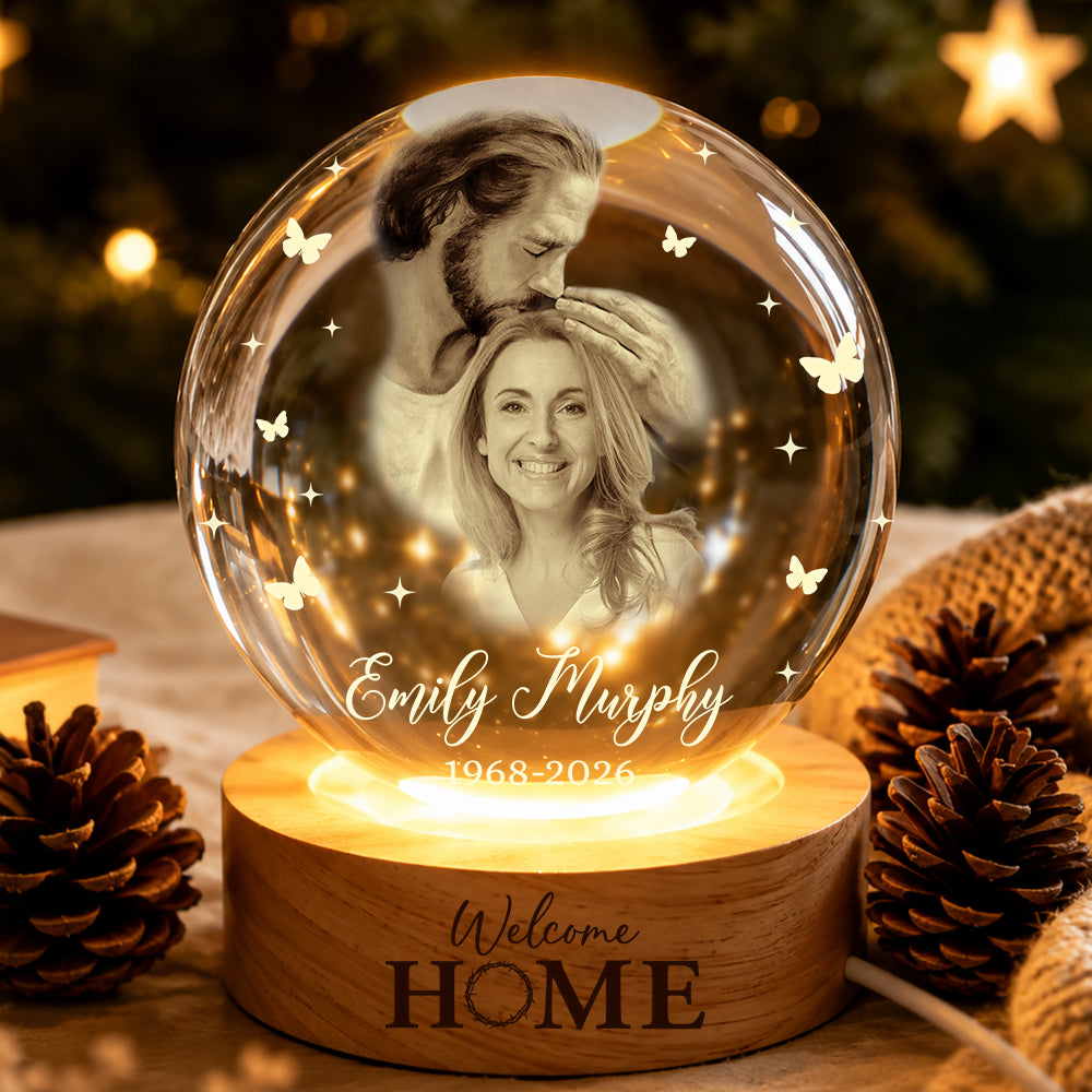 Personalized Photo Memorial Welcome Home Safe in Arms of Jesus Crystal Ball Night Light