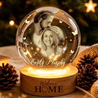 Personalized Photo Memorial Welcome Home Safe in Arms of Jesus Crystal Ball Night Light