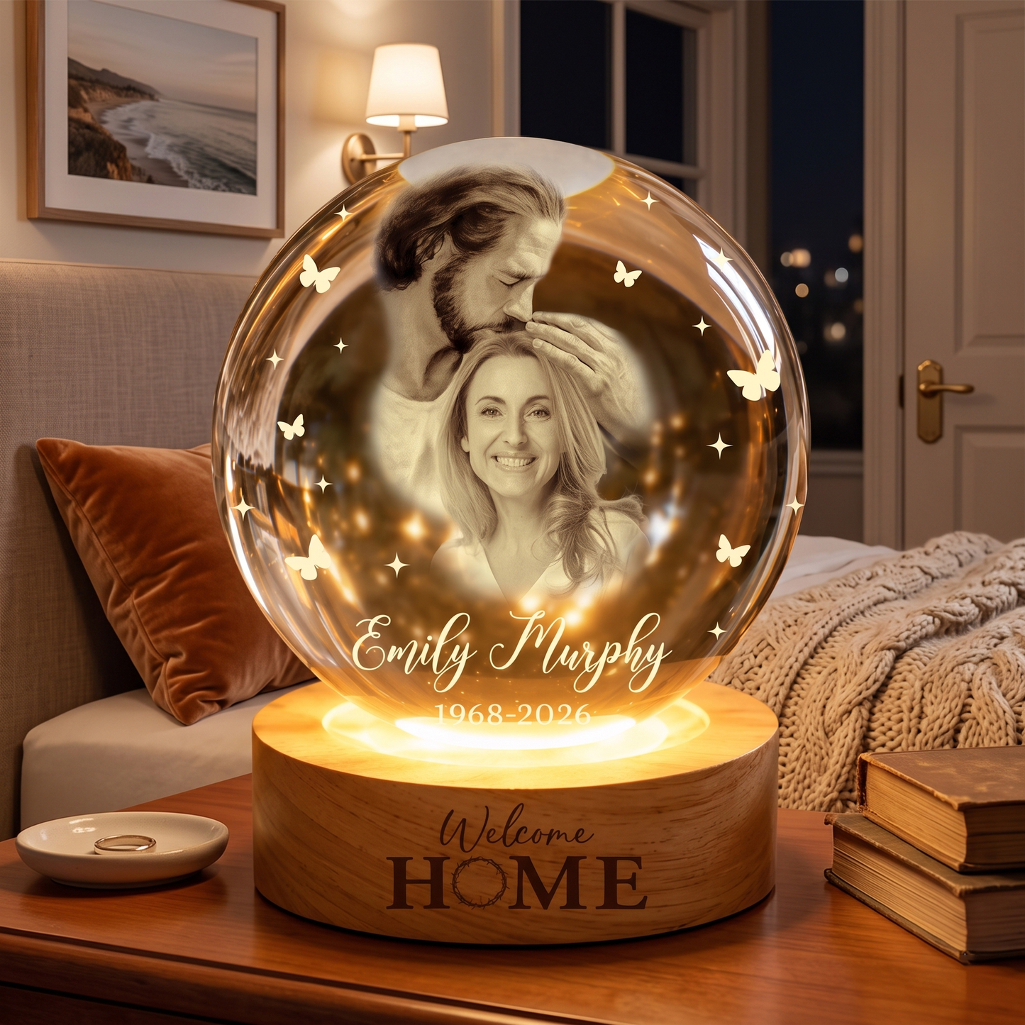 Personalized Photo Memorial Welcome Home Safe in Arms of Jesus Crystal Ball Night Light