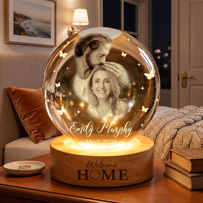 Personalized Photo Memorial Welcome Home Safe in Arms of Jesus Crystal Ball Night Light