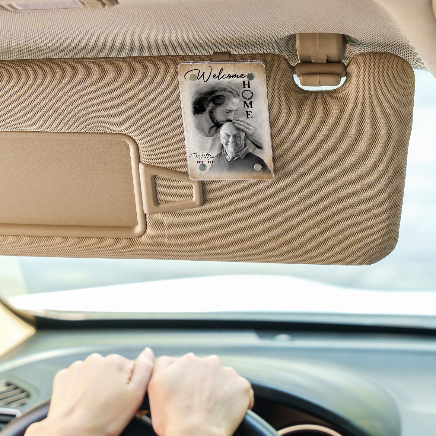 Personalized Photo Memorial Welcome Home, Safe In Arms Of Jesus Sympathy Gift Loss Loved One Acrylic Photo Car Visor Clip