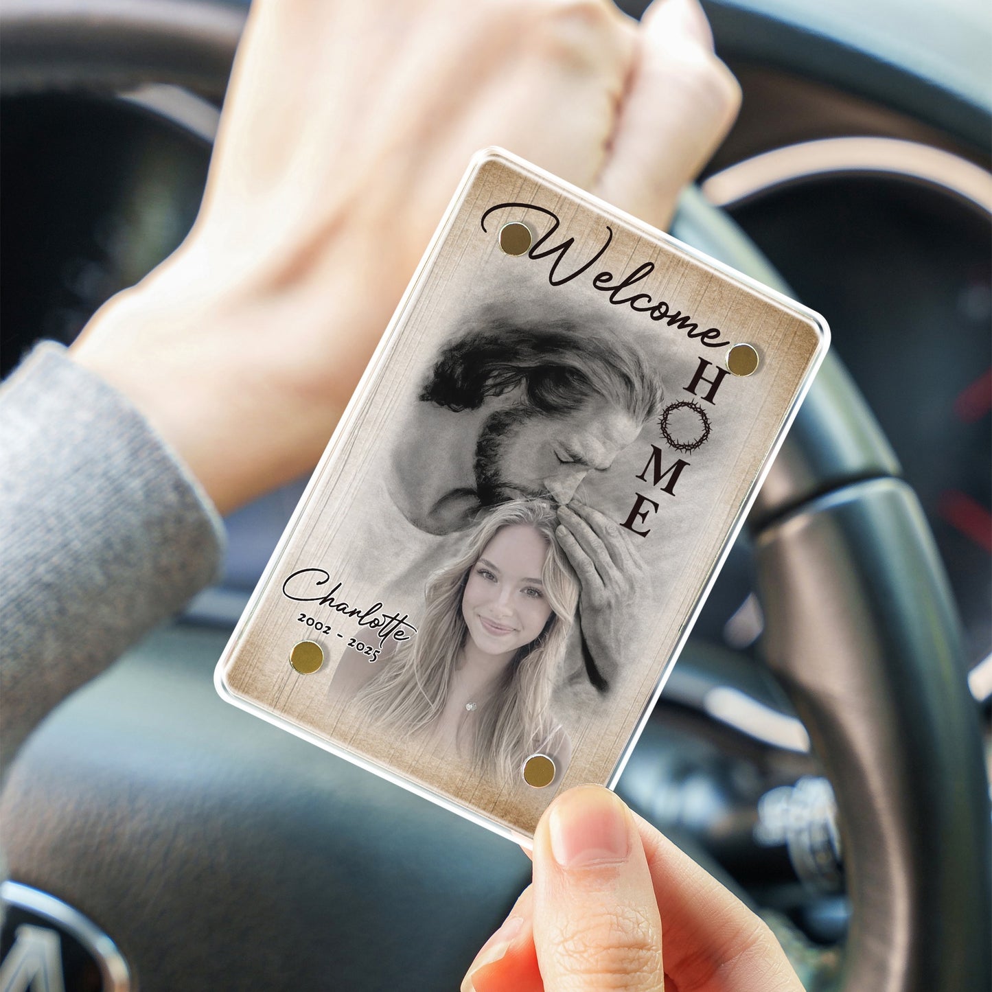 Personalized Photo Memorial Welcome Home, Safe In Arms Of Jesus Sympathy Gift Loss Loved One Acrylic Photo Car Visor Clip