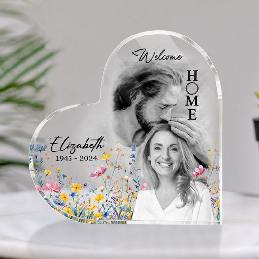 Personalized Photo Memorial Welcome Home, Safe In Arms Of Jesus Sympathy Gift Loss Loved One Heart Acrylic Plaque