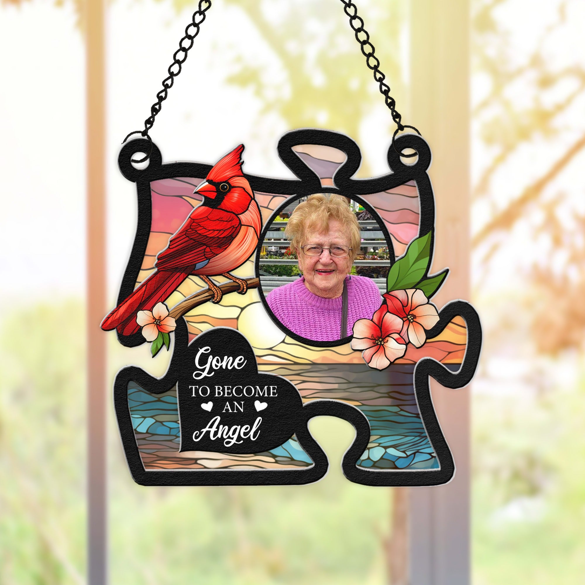 Personalized Photo Memorial With Cardinal Bird Puzzle Hanging Suncatcher Ornament
