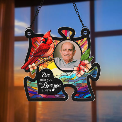 Personalized Photo Memorial With Cardinal Bird Puzzle Hanging Suncatcher Ornament