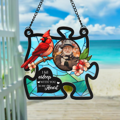 Personalized Photo Memorial With Cardinal Bird Puzzle Hanging Suncatcher Ornament