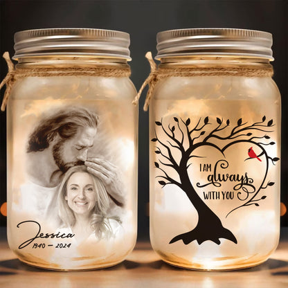 Personalized Photo Safe In Arms Of Jesus, I Am Always With You Red Cardinal Heart Tree Mason Jar Light