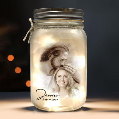 Personalized Photo Safe In Arms Of Jesus, I Am Always With You Red Cardinal Heart Tree Mason Jar Light