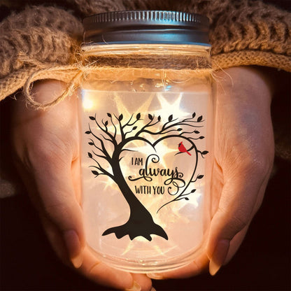 Personalized Photo Safe In Arms Of Jesus, I Am Always With You Red Cardinal Heart Tree Mason Jar Light