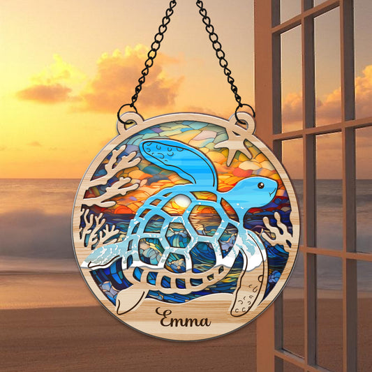 Personalized Sea Turtle Colorful Ocean Hanging Suncatcher Ornament