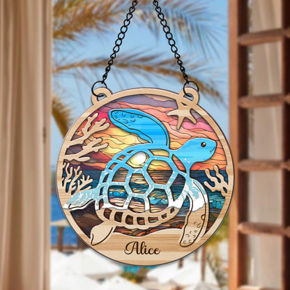 Personalized Sea Turtle Colorful Ocean Hanging Suncatcher Ornament