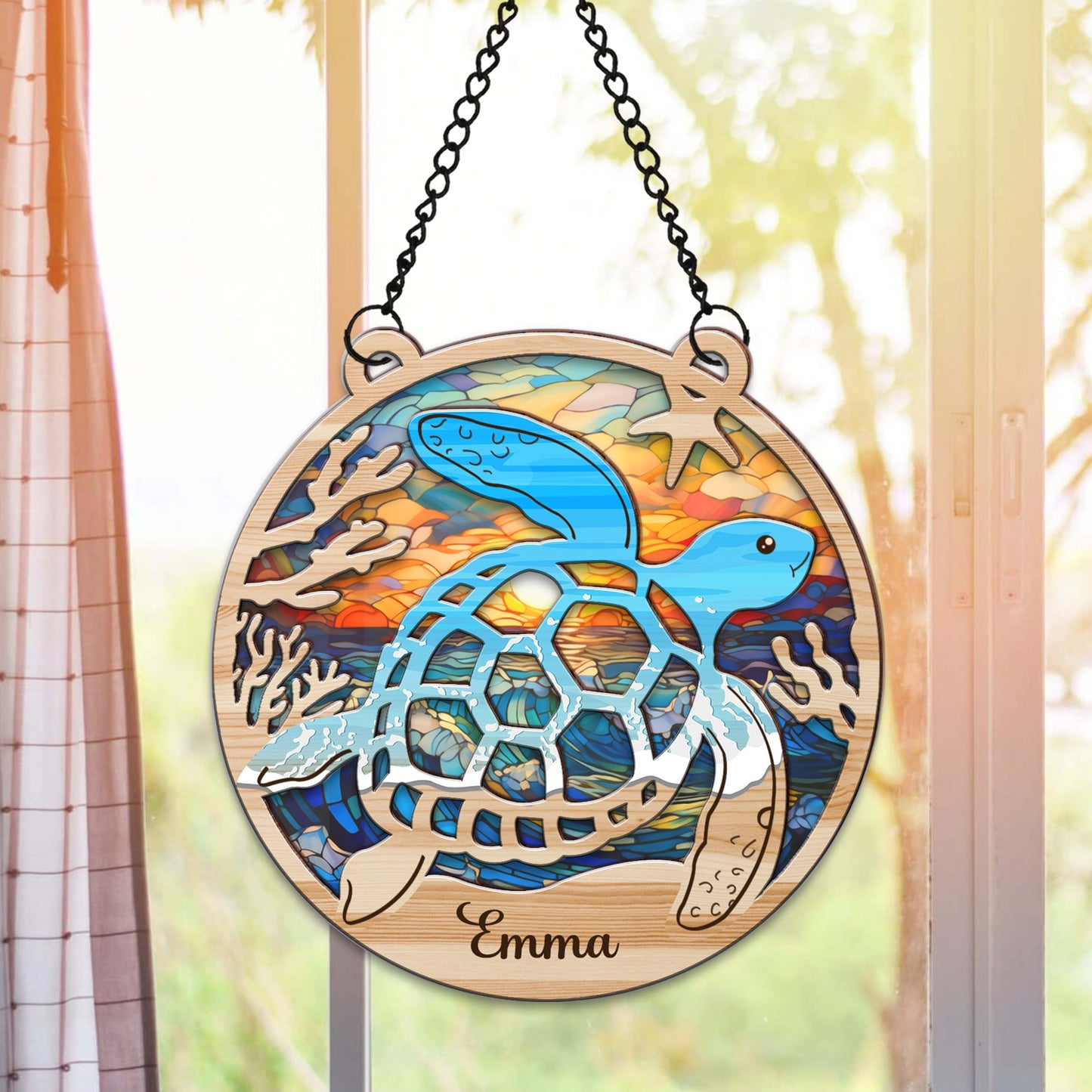 Personalized Sea Turtle Colorful Ocean Hanging Suncatcher Ornament