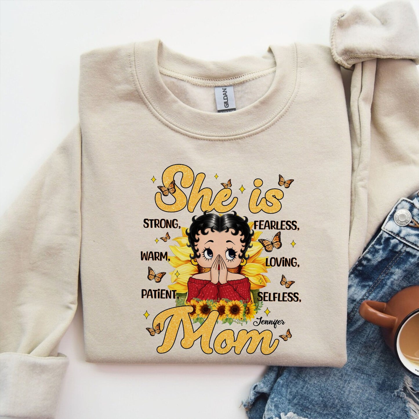 Personalized She is Strong Fearless Warm Loving Patient Selfless Mom Sweatshirt