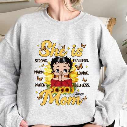 Personalized She is Strong Fearless Warm Loving Patient Selfless Mom Sweatshirt