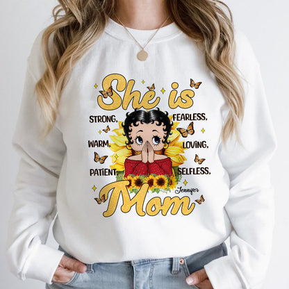 Personalized She is Strong Fearless Warm Loving Patient Selfless Mom Sweatshirt