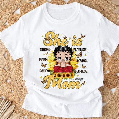 Personalized She Is Strong Fearless Warm Loving Patient Selfless Mom T-Shirt