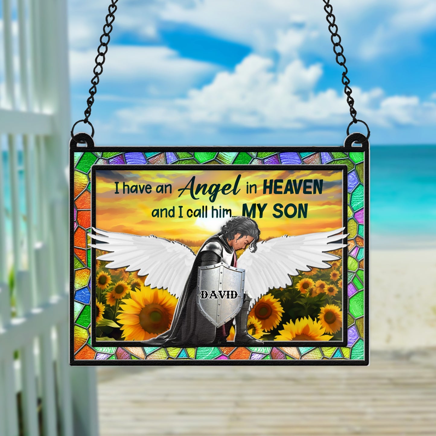 Personalized Son Warrior Of God Memorial, I Have An Angel In Heaven I Call Him Son Hanging Suncatcher Ornament