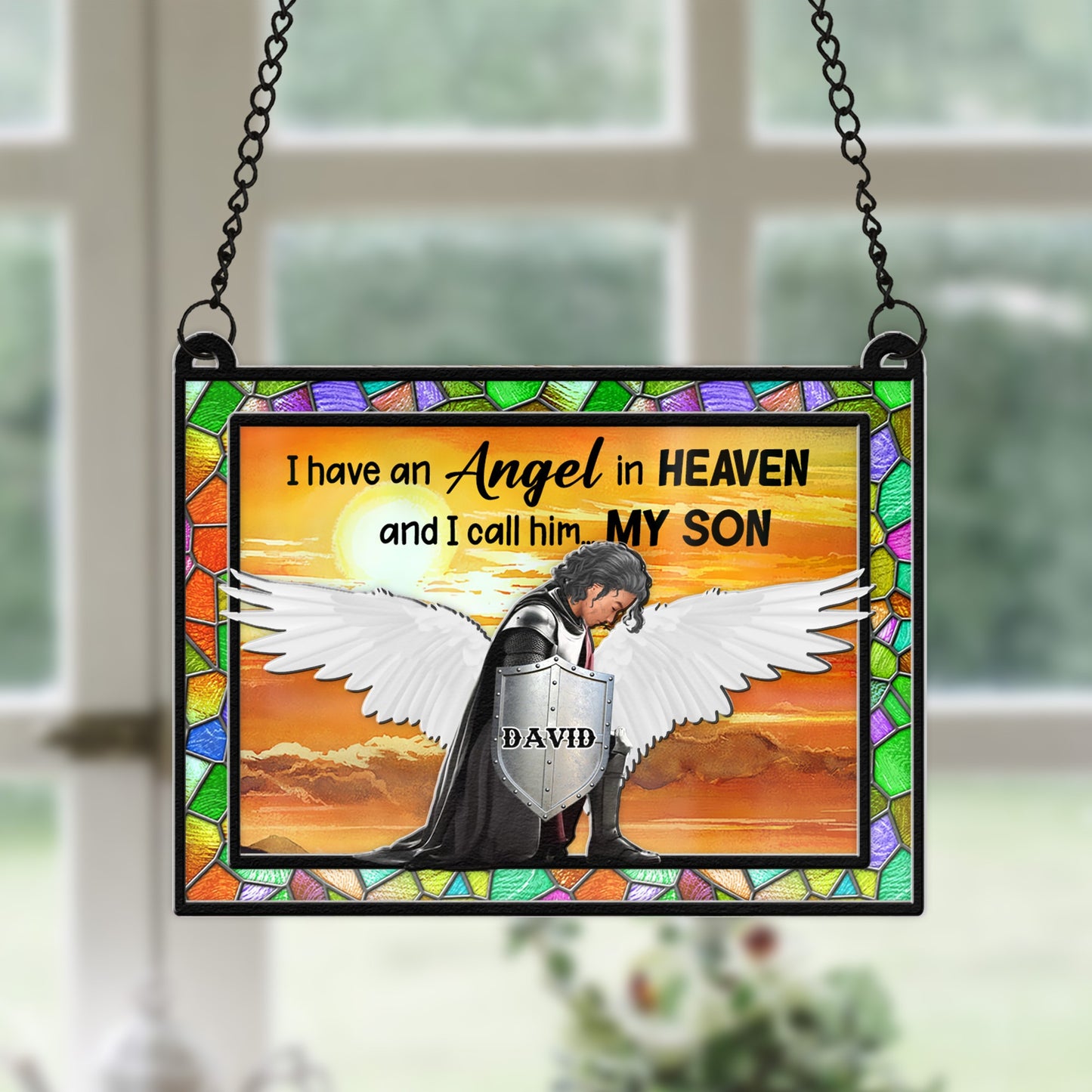 Personalized Son Warrior Of God Memorial, I Have An Angel In Heaven I Call Him Son Hanging Suncatcher Ornament