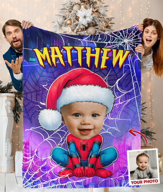 Personalized Spider Boy Photo Blanket, Christmas Spider Baby Blanket