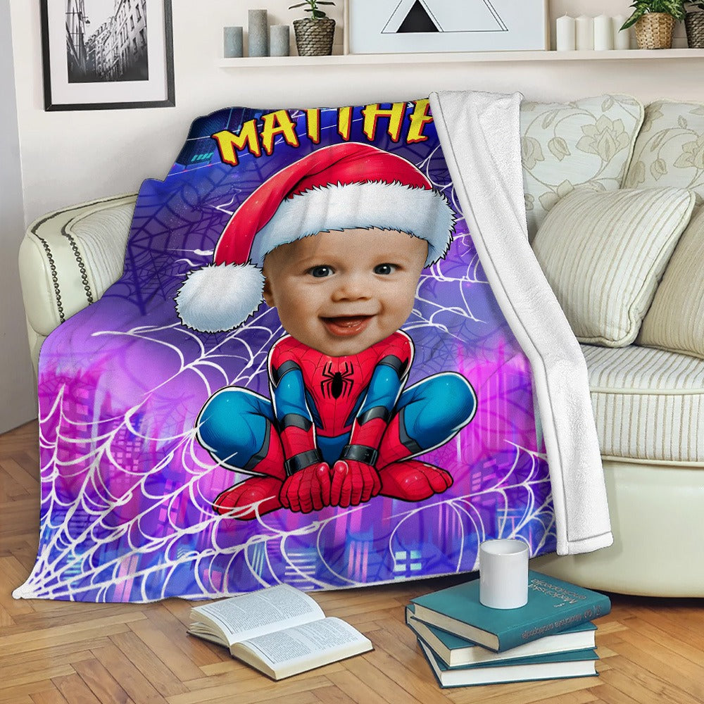 Personalized Spider Boy Photo Blanket, Christmas Spider Baby Blanket