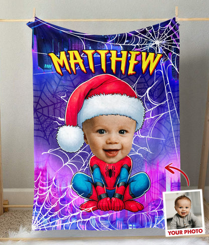 Personalized Spider Boy Photo Blanket, Christmas Spider Baby Blanket