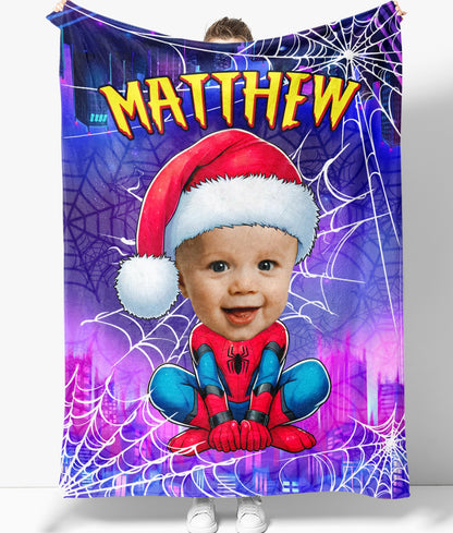 Personalized Spider Boy Photo Blanket, Christmas Spider Baby Blanket