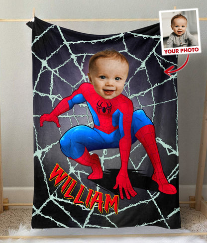 Personalized Spider Boy Photo Blanket, Superhero Baby Blanket