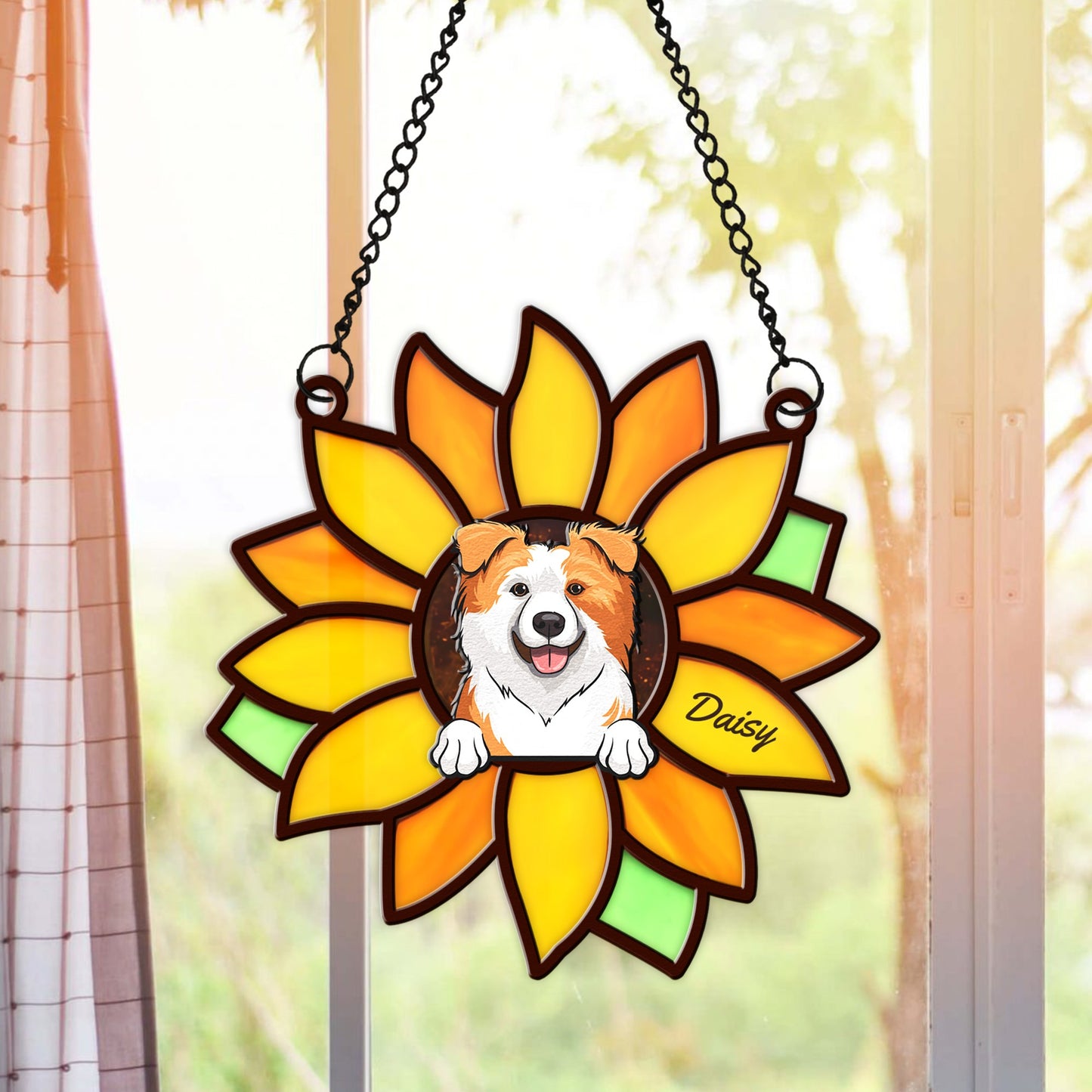 Personalized Sunflower Dog Hanging Suncatcher Ornament