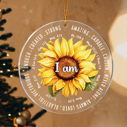 Personalized Sunflower Bible Verse I Am Amazing Capable Chosen Circle Acrylic Ornament