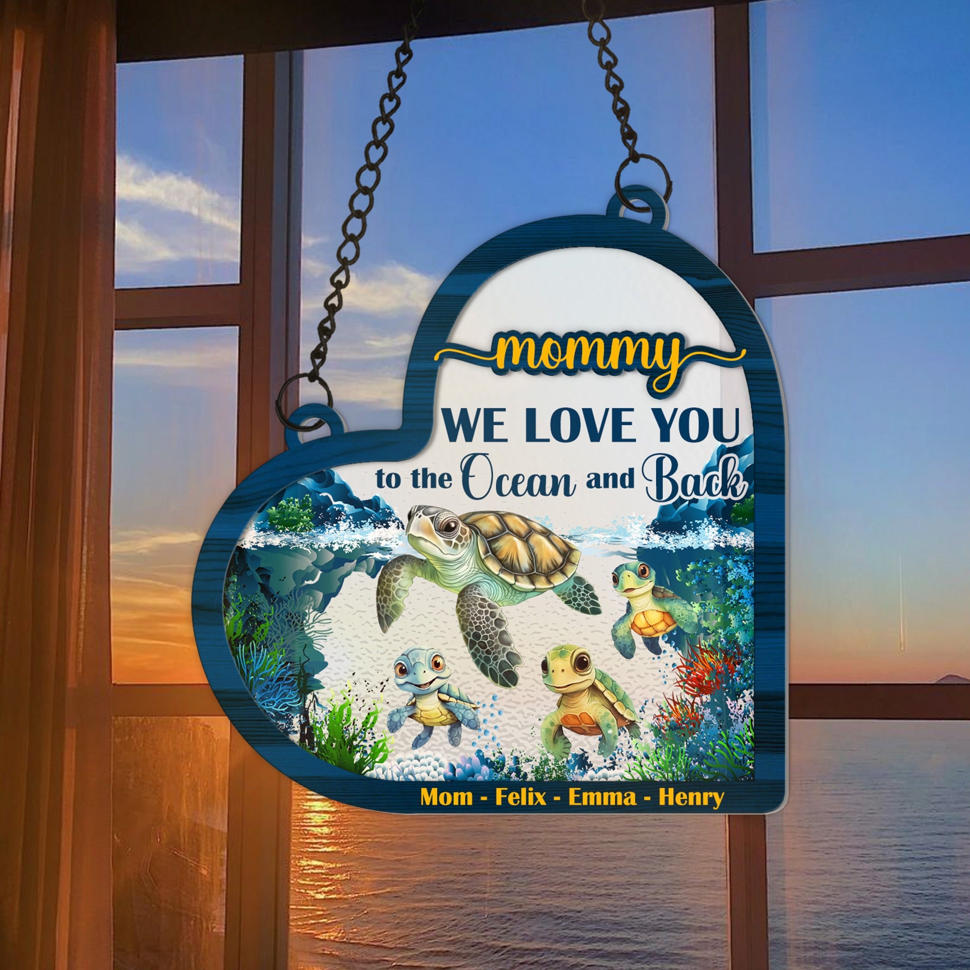 Personalized Turtle Mommy We Love You To The Ocean And Back Heart Hanging Suncatcher Ornament