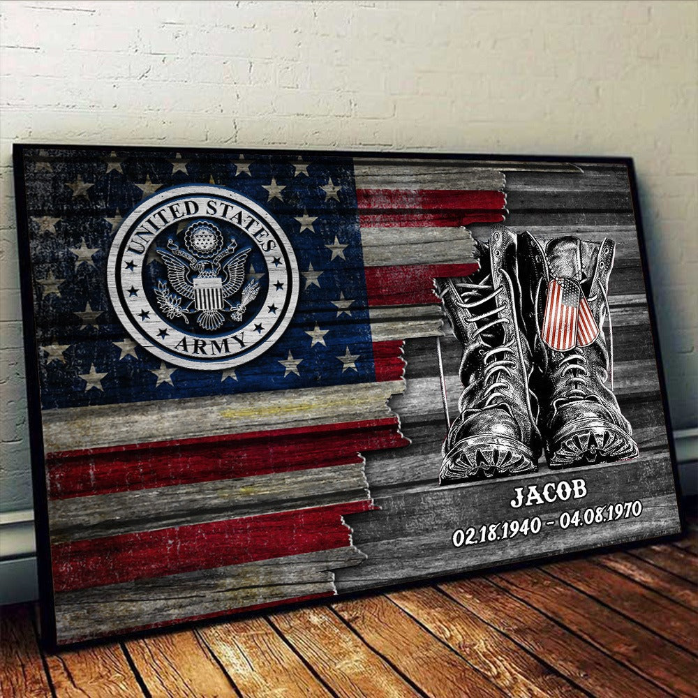 Personalized US Military Logo American Flag Veteran Gift Poster Canvas