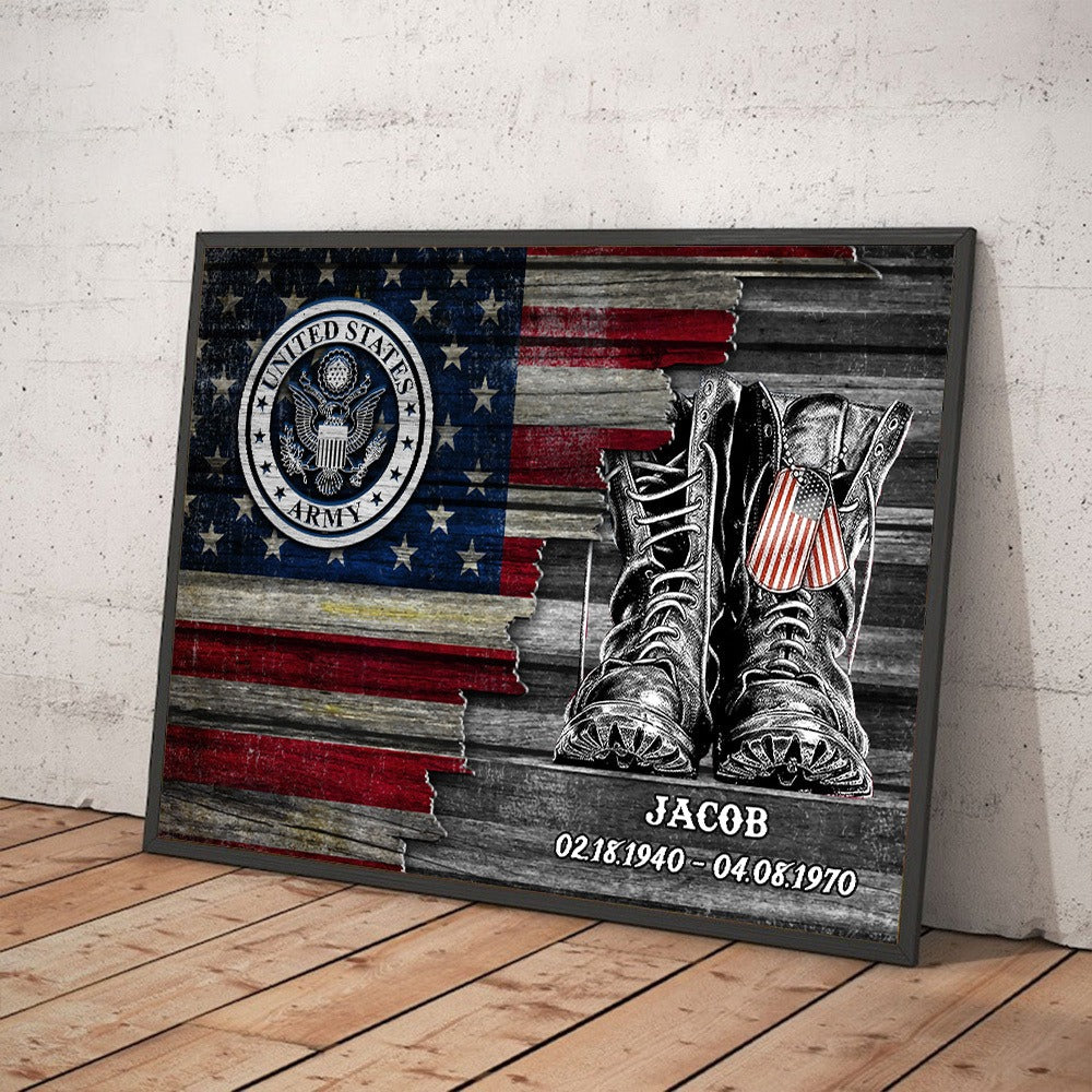 Personalized US Military Logo American Flag Veteran Gift Poster Canvas