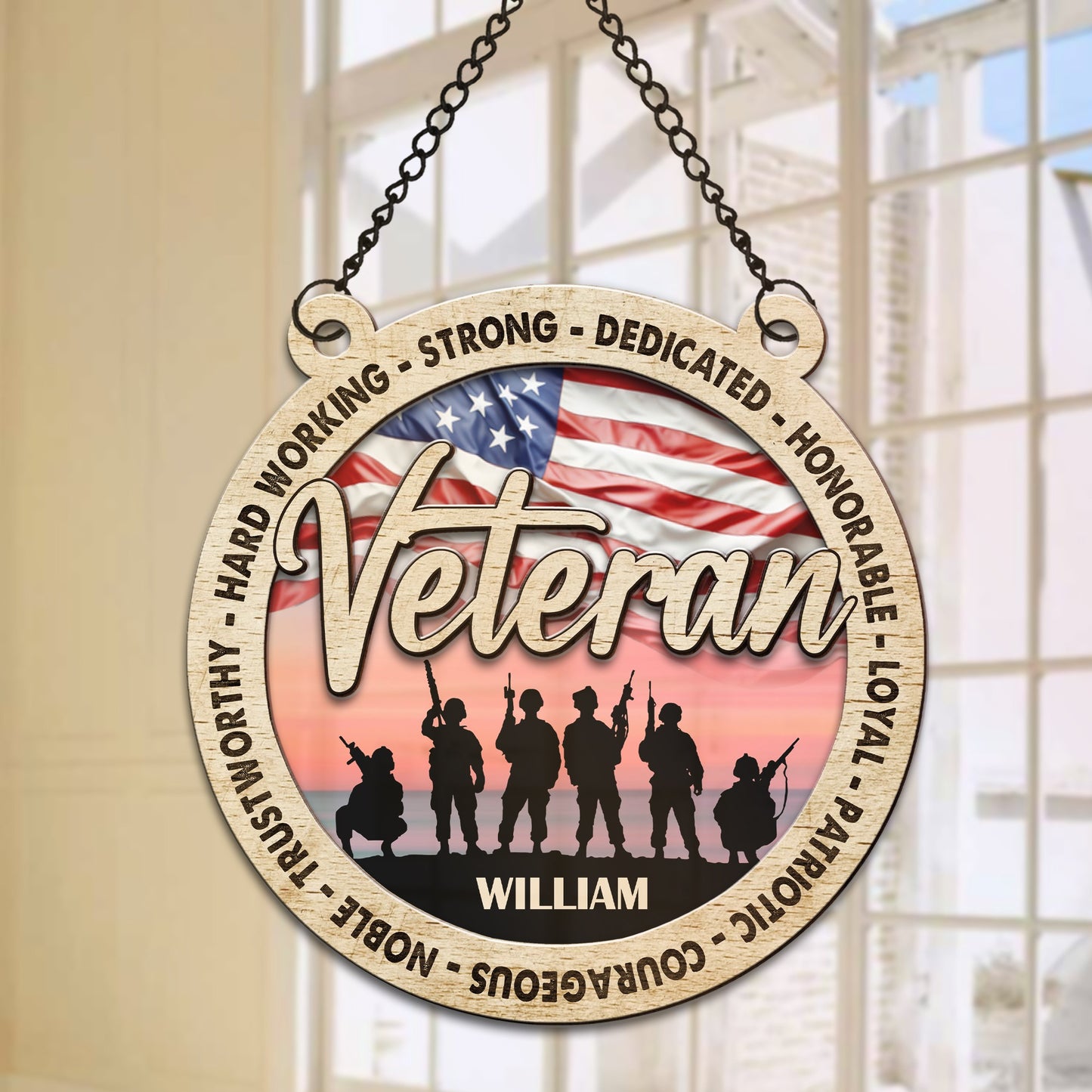 Personalized Veteran Strong Dedicated Honorable Hanging Suncatcher Ornament