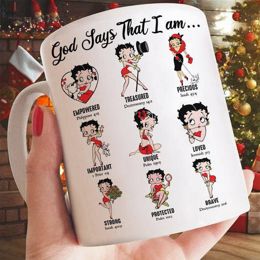 Personalized Vintage Girl God Says That I Am Loved Empowered Strong Unique White Mug