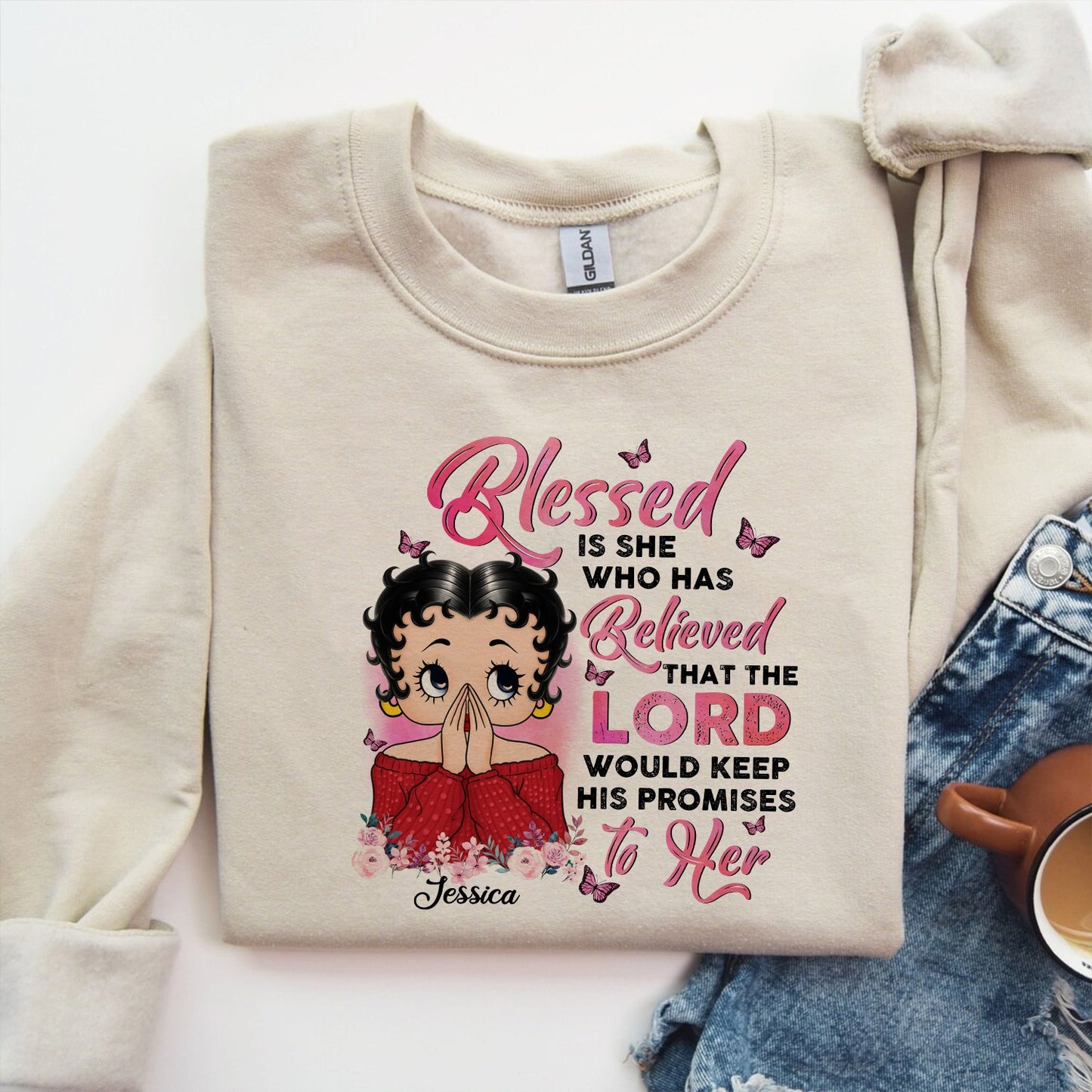 Personalized Vintage Girl, Blessed is She Who Has Believed Women's Sweatshirt