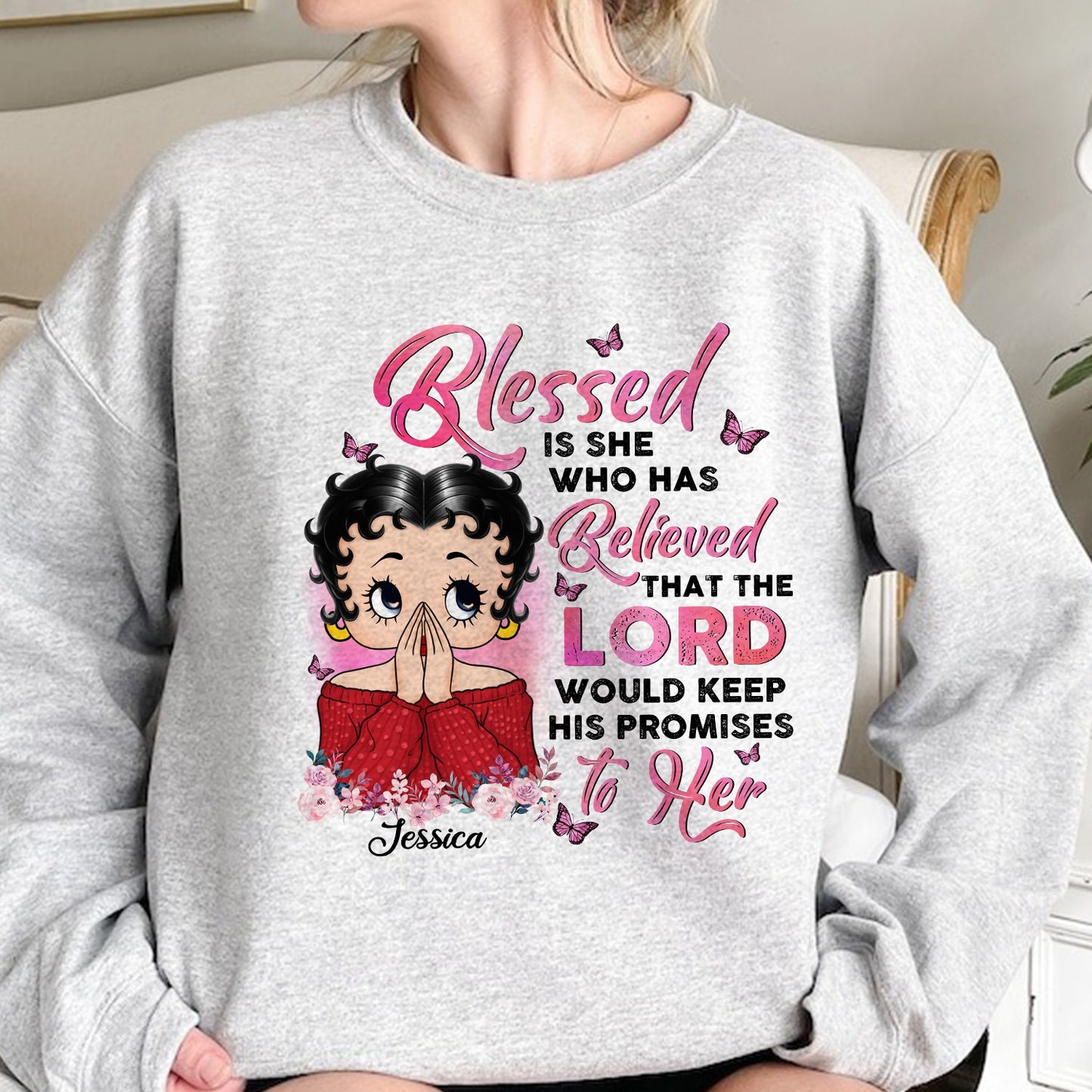Personalized Vintage Girl, Blessed is She Who Has Believed Women's Sweatshirt