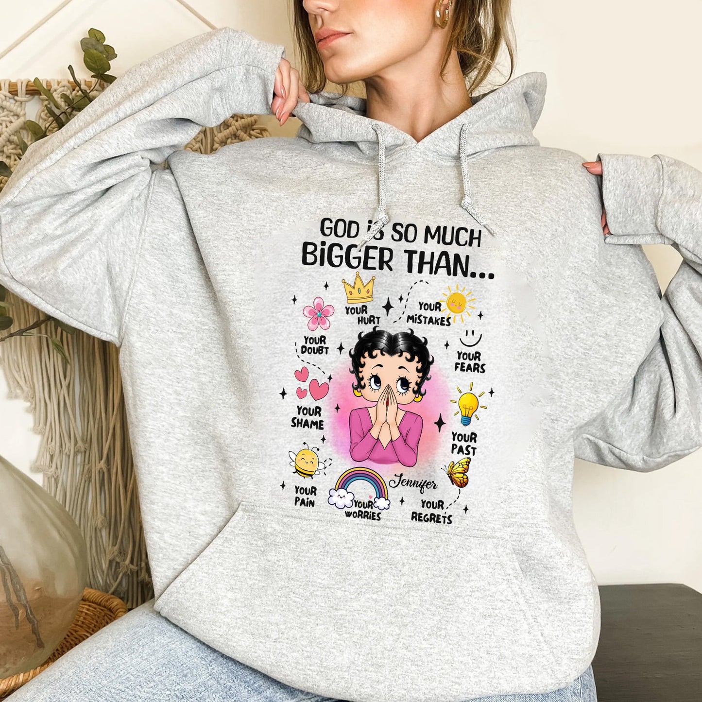 Personalized Vintage Girl, God Is So Much Bigger Than Your Hurt Your Mistakes Your Doubt Hoodie