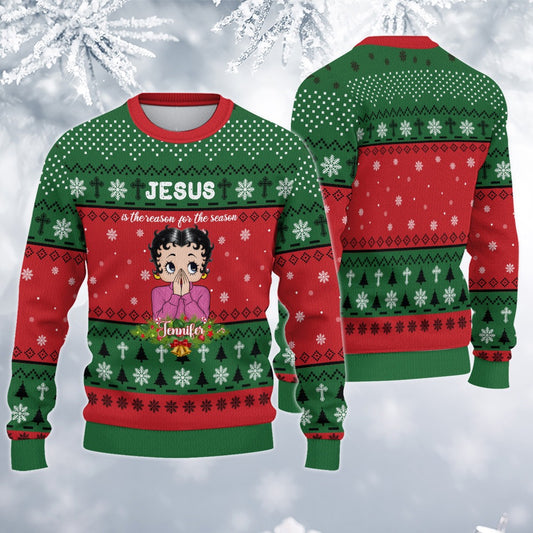 Personalized Vintage Girl Christmas, Jesus Is The Reason For The Season Ugly Sweatshirt