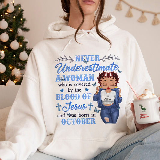 Personalized Vintage Girl, Never Underestimate A Woman Who Is Covered By The Blood Of Jesus Hoodie