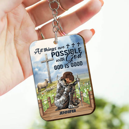 Personalized Warrior Of God All Things Are Possible With God, God Is Good Matthew 19:26 Wooden Keychain