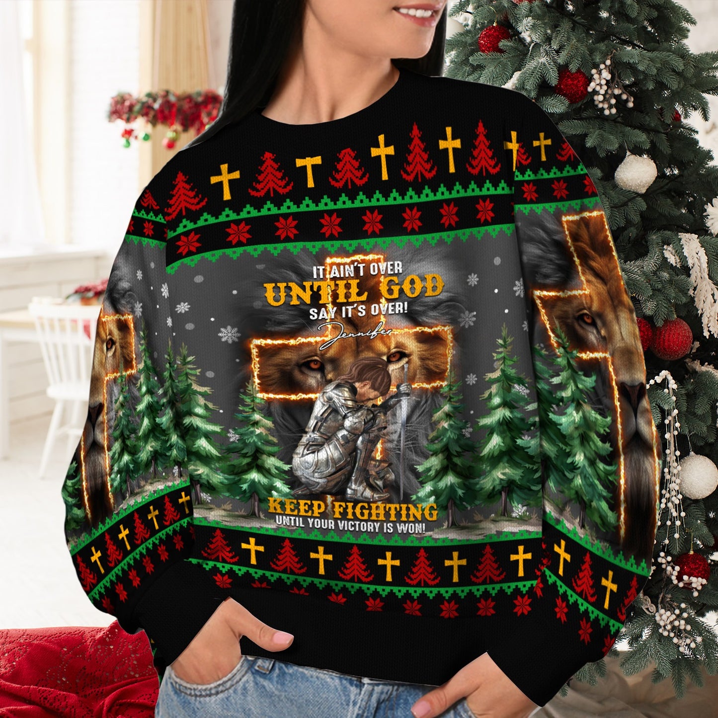 Personalized Warrior Of God, It Ain't Over Until God Says It's Over Christmas Ugly Sweatshirt