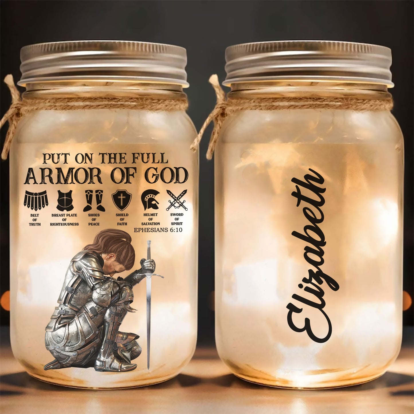 Personalized Warrior Of God Put On The Full Armor Of God-Ephesians 6:13-17 Mason Jar Light