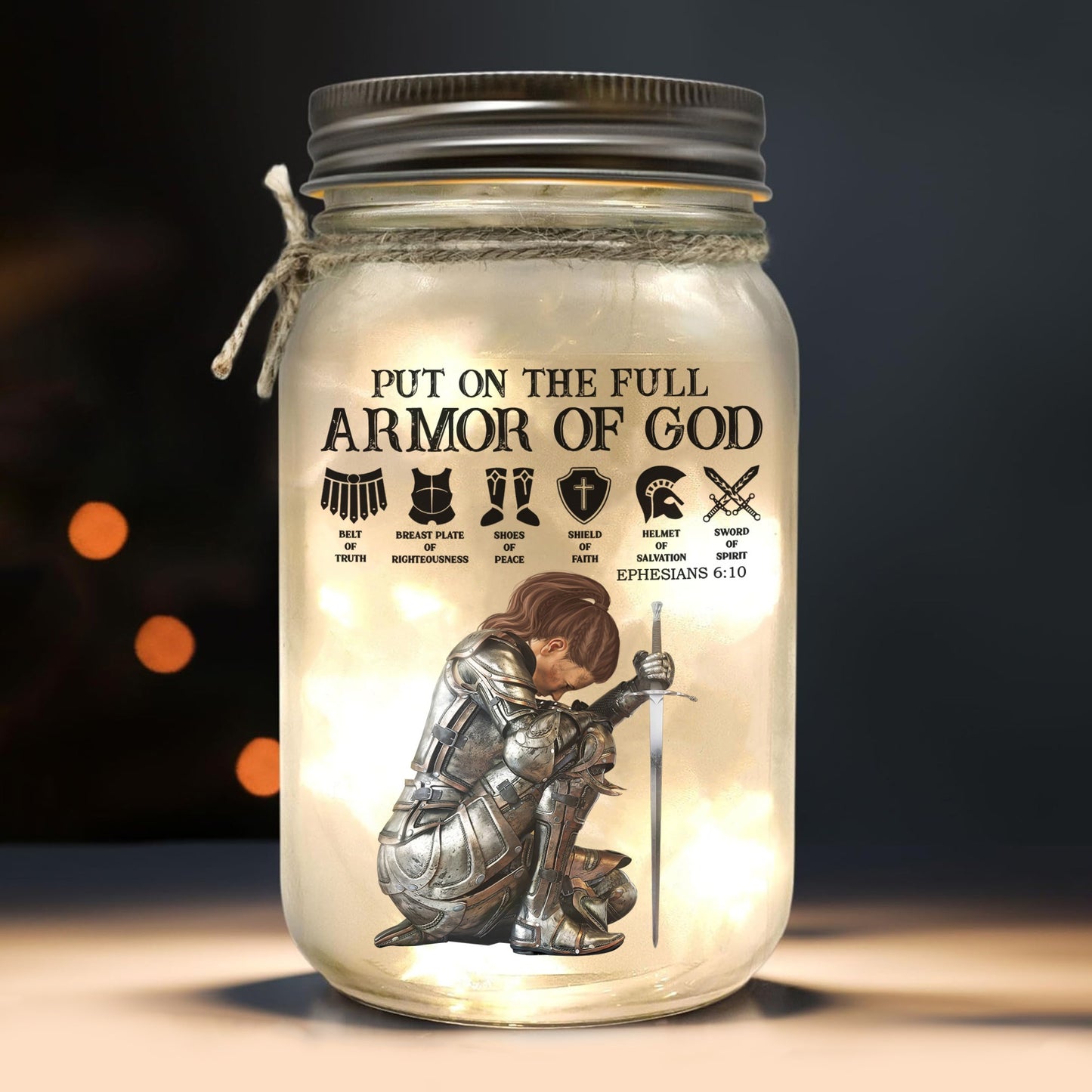 Personalized Warrior Of God Put On The Full Armor Of God-Ephesians 6:13-17 Mason Jar Light