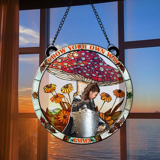 Personalized Warrior Of God With Groovy Mushroom Grow Your Own Way Hanging Suncatcher Ornament