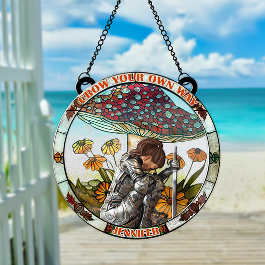 Personalized Warrior Of God With Groovy Mushroom Grow Your Own Way Hanging Suncatcher Ornament