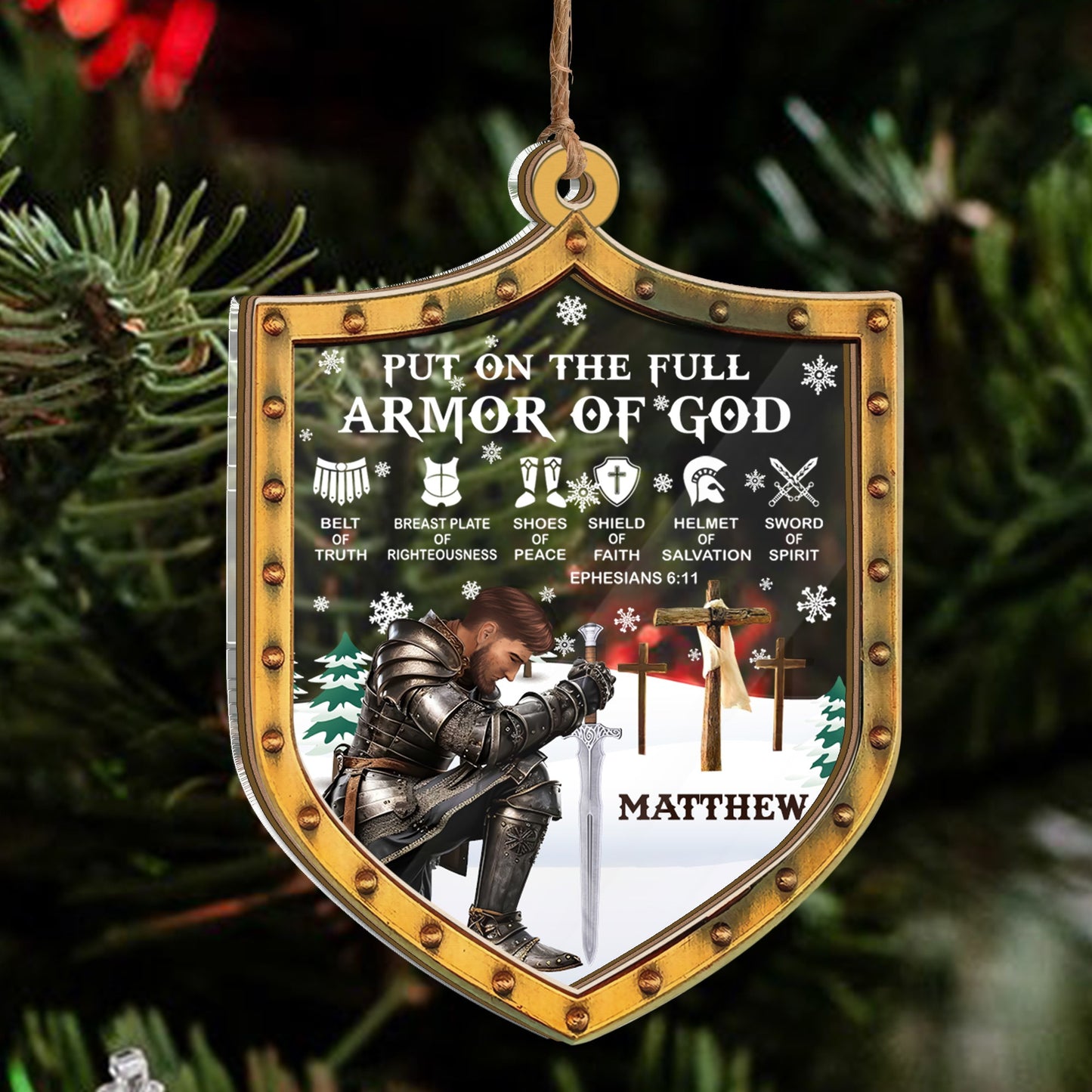 Personalized Warrior Of God, Put On The Full Armor Of God-Ephesians 6:10 Shield 2 Layered Mix Ornament