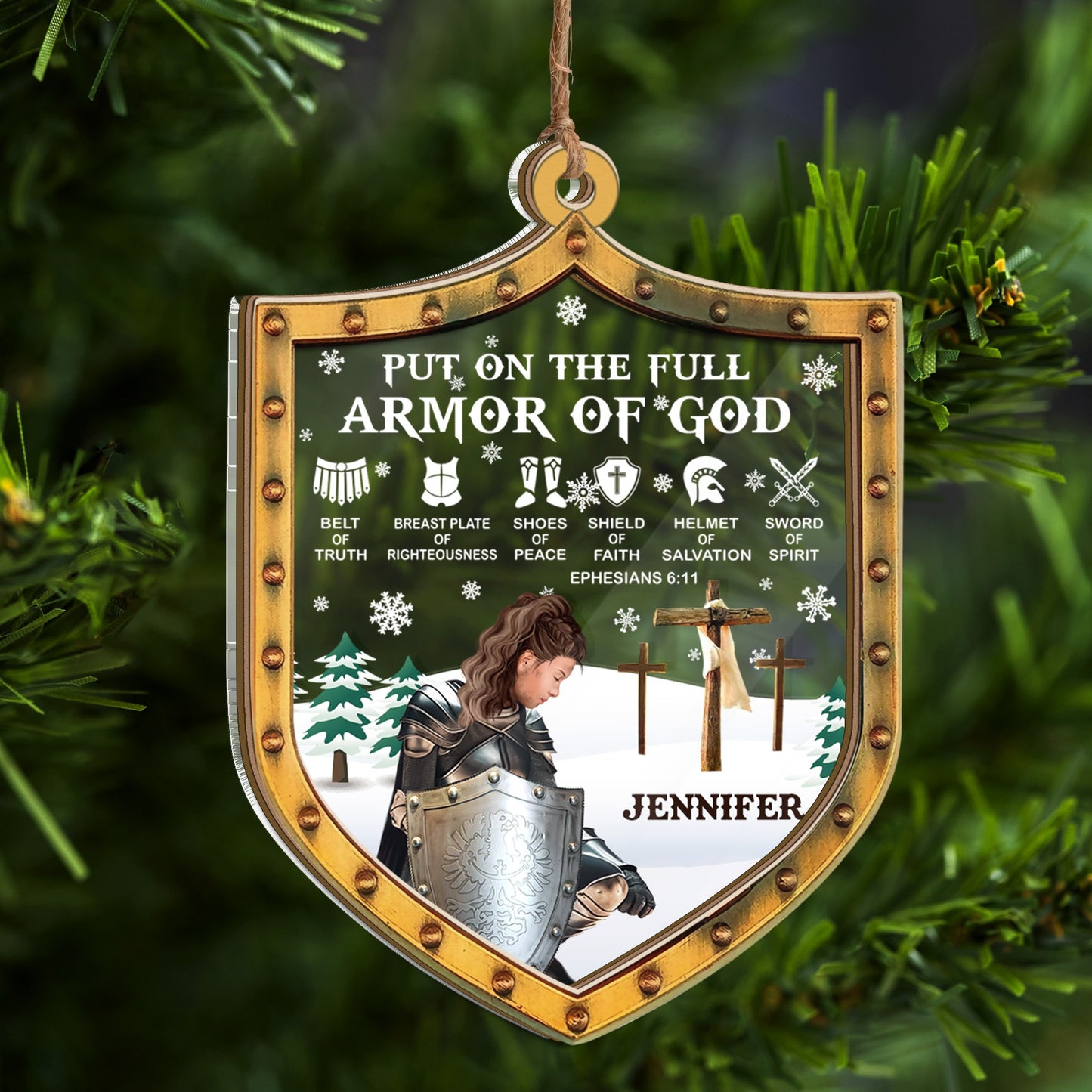 Personalized Warrior Of God, Put On The Full Armor Of God-Ephesians 6:10 Shield 2 Layered Mix Ornament