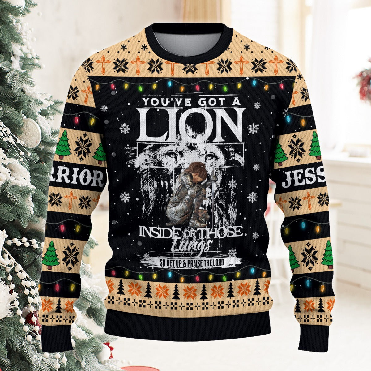 Personalized Warrior Of God, You've Got a Lion Inside of Those Lungs Christmas Ugly Sweatshirt