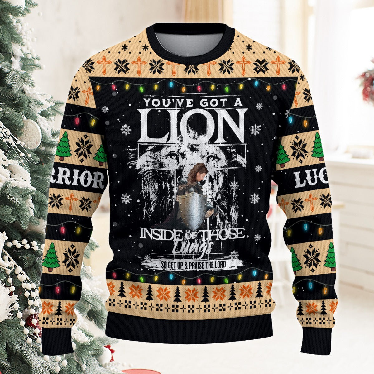 Personalized Warrior Of God, You've Got a Lion Inside of Those Lungs Christmas Ugly Sweatshirt